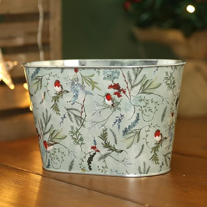 Tin Pail Robin Floral Trough 21cm Plant Pot Christmas Metal Planter Xmas Tub