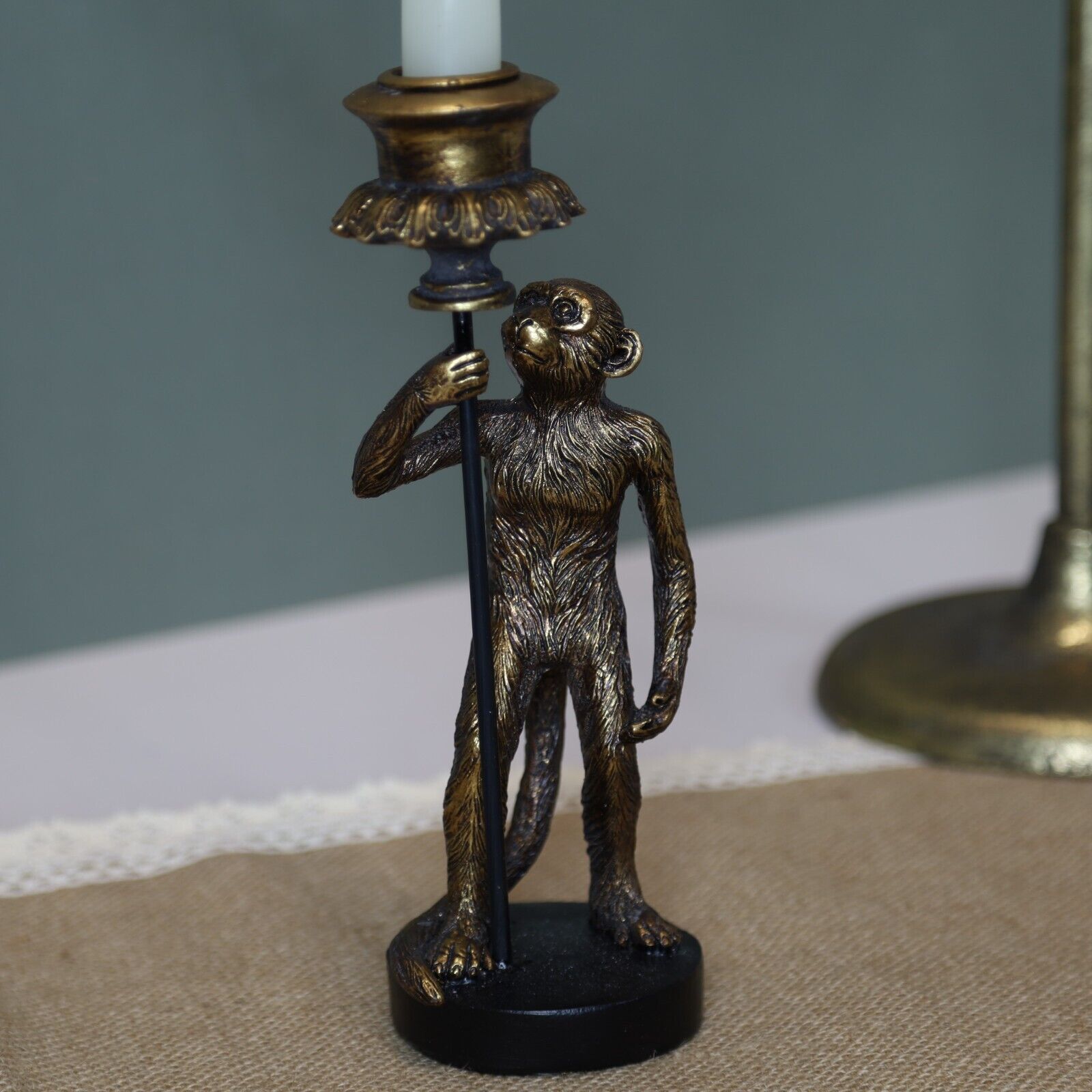 24cm Antique Copper Resin Monkey Tapered Candle Stick Holder Animal Statue