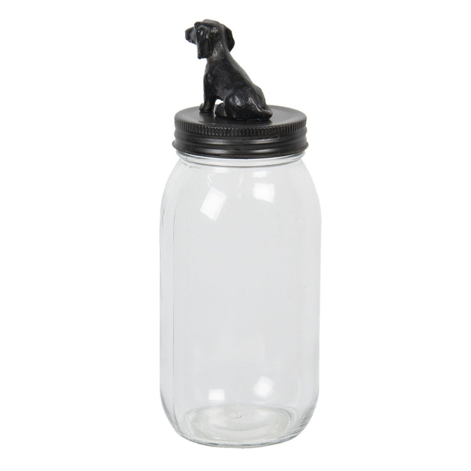Glass Storage Jar with Black Metal Dog on Lid 750Ml Airtight Kitchen Dining Jar