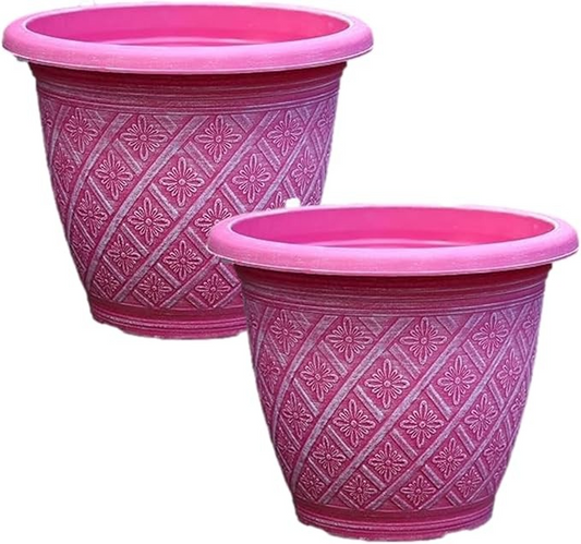 2Pc Round Plastic Plant Pot 40cm Raspberry Pink 23L Woven Flower Garden Planter