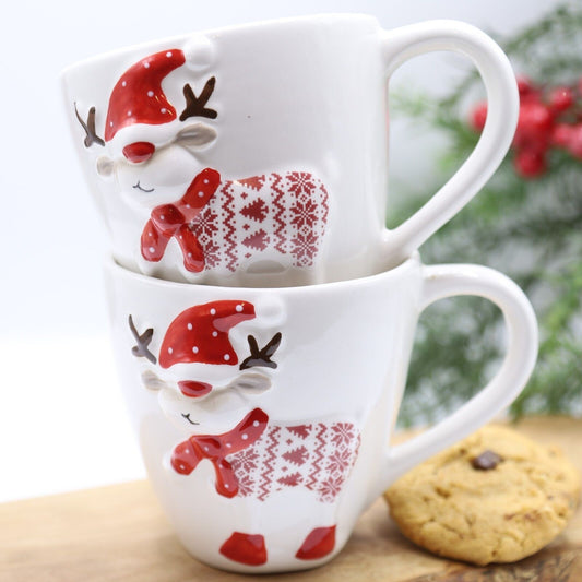 2Pc Red & White Reindeer Mug 300ml Coffee Tea Cup Christmas Table Novelty Gift