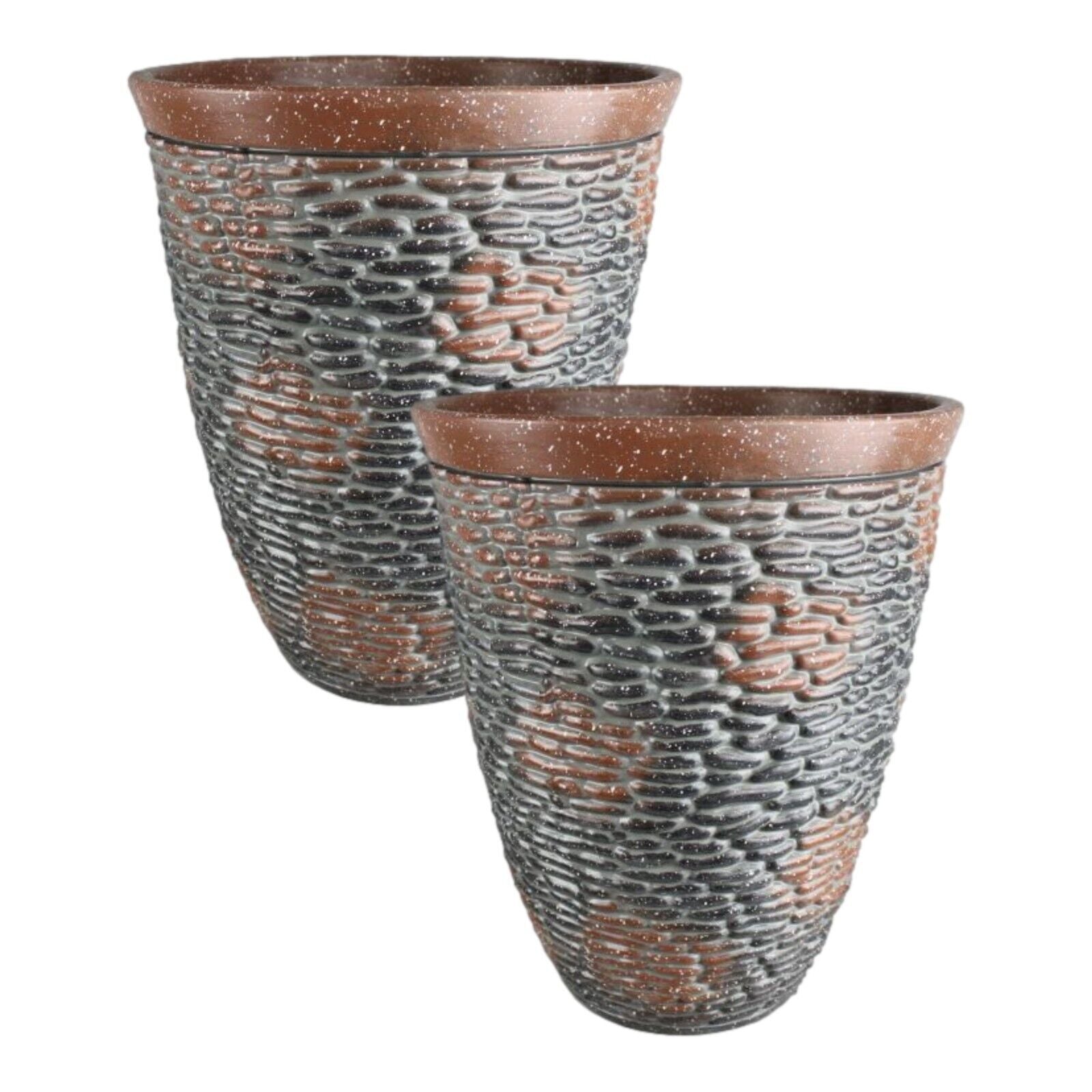 2Pc Round Plastic Brown Plant Pot 57cm Tall Stone Rustic 50L Garden Planter