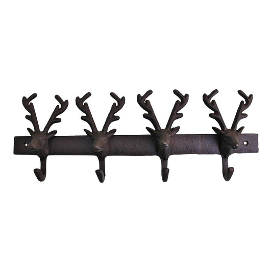 Brown Cast Iron Reindeer 4 Hooks Rustic Wall Hanging Coat Key Hat Antler Hook