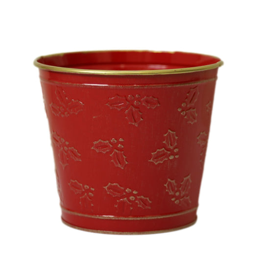Metal Red Plant Pot 18cm Holly Embossed Christmas Planter Gold Rim Xmas Festive