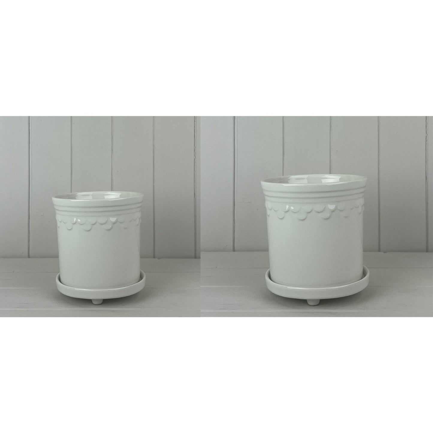 Ceramic White Plant Pot with Raised Saucer Scalloped Edge Glazed Planter Indoor