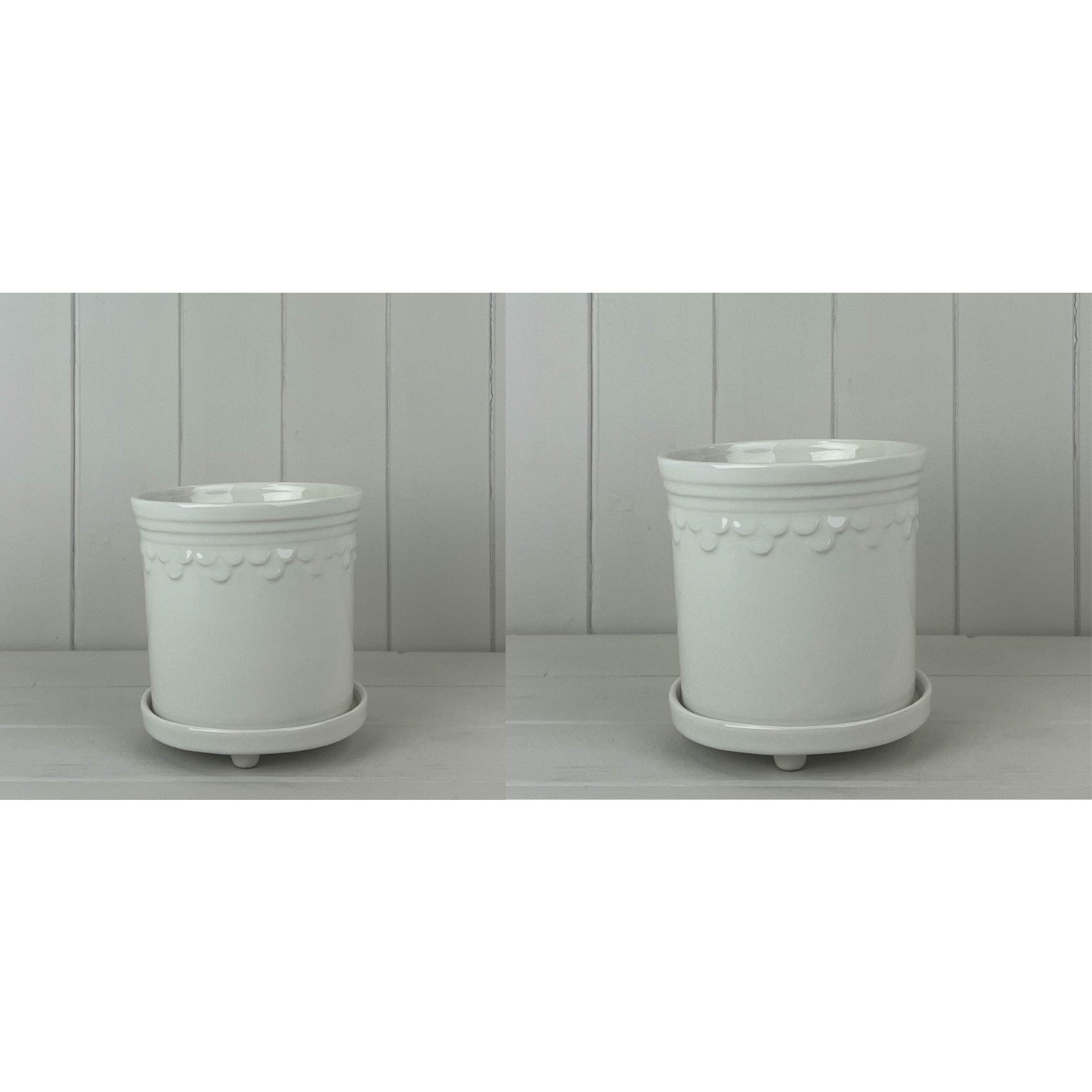 Ceramic White Plant Pot with Raised Saucer Scalloped Edge Glazed Planter Indoor