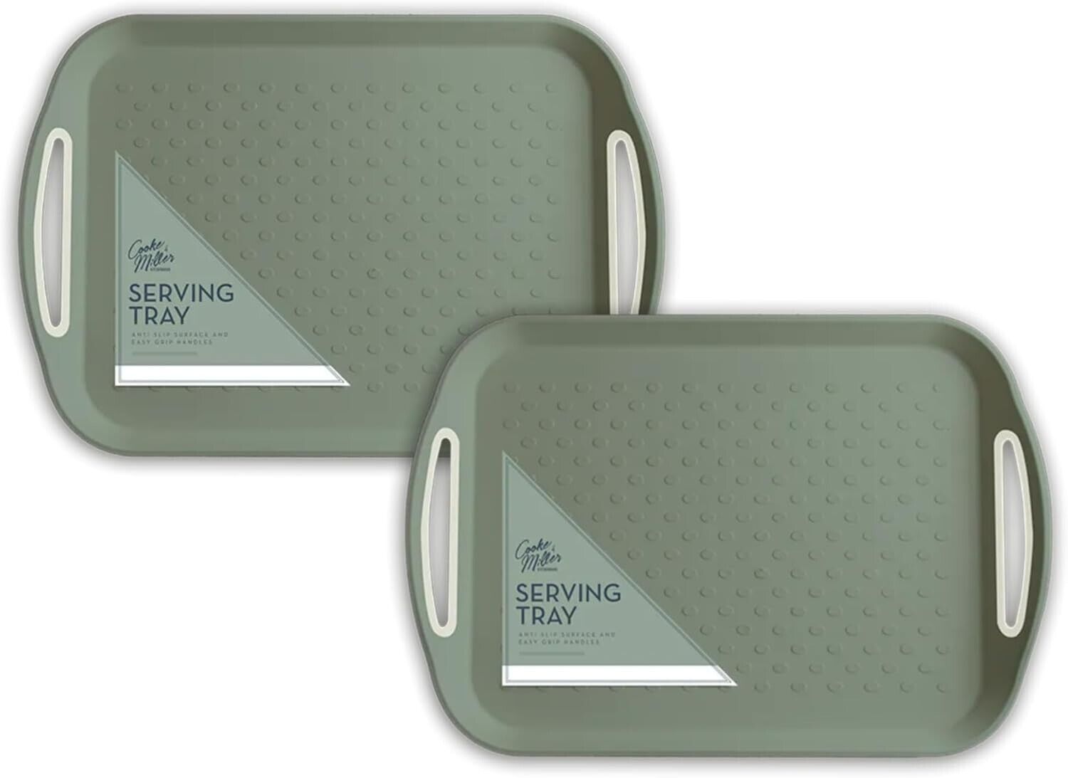 2Pc Green Plastic Anti Slip Serving Tray Rubber Easy Grip Handle Wipe Clean Tray