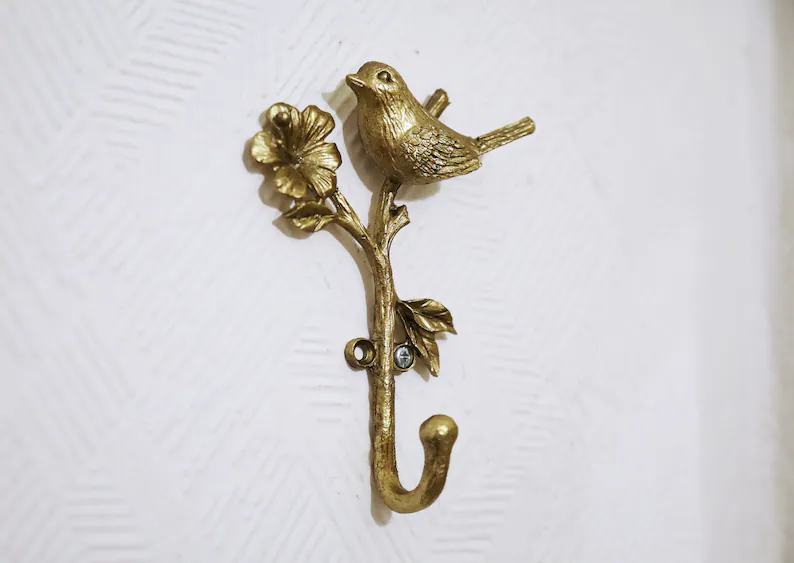 2Pc Metal Gold Wall Bird on Branch Hooks Coat Keys Hanger Rack Wall Mounted