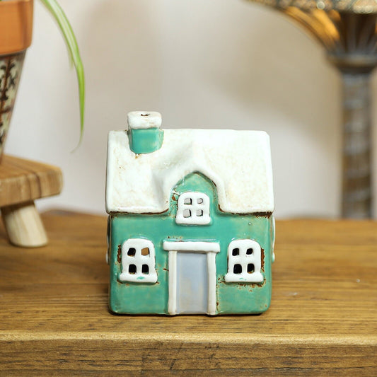Ceramic Tealight Candle Holder Snowy  Cottage Shaped House Xmas Festive Ornament