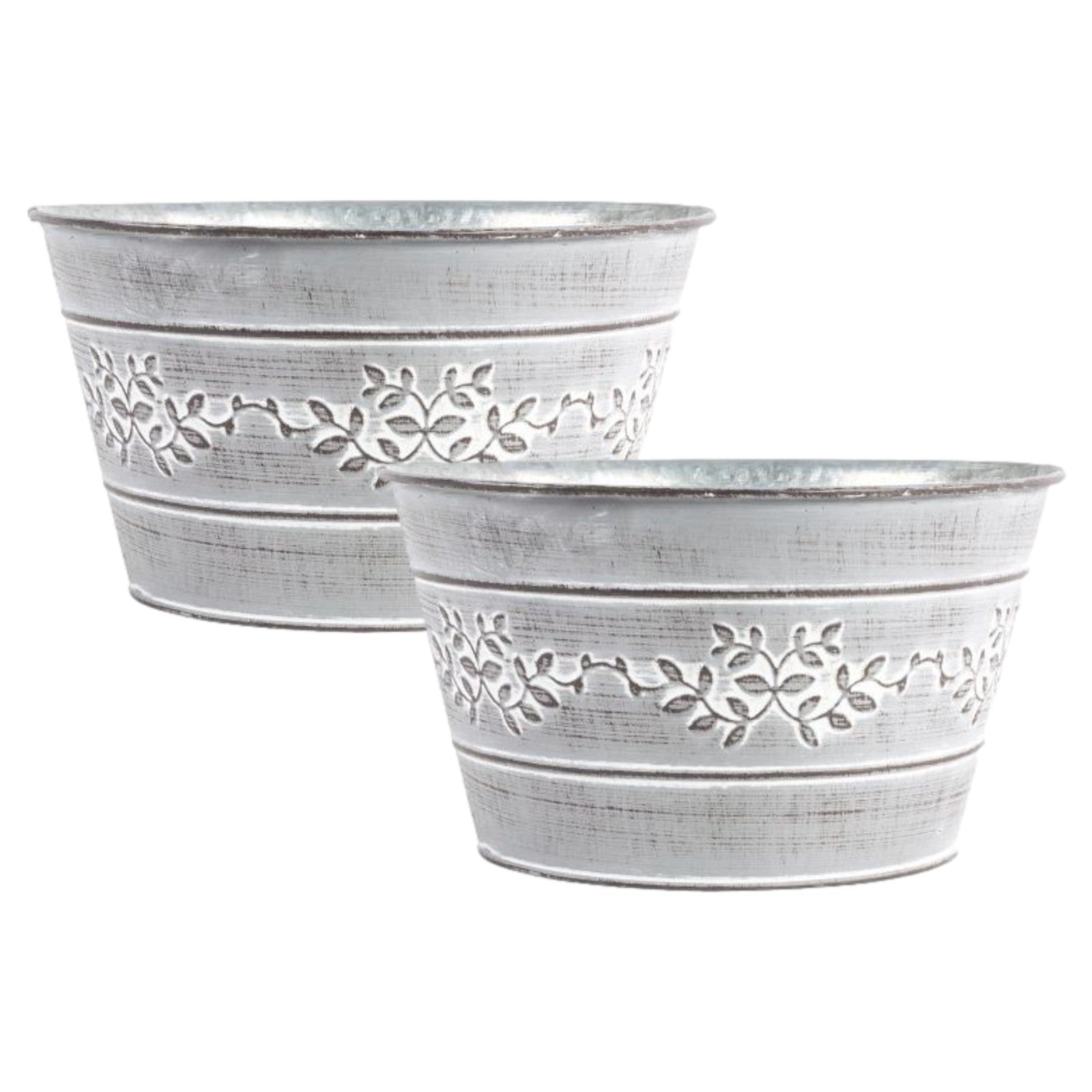 Grey Metal Leafy Vine Bowl Tin Pail Planter 21cm Indoor Garden Flower Plant Pot