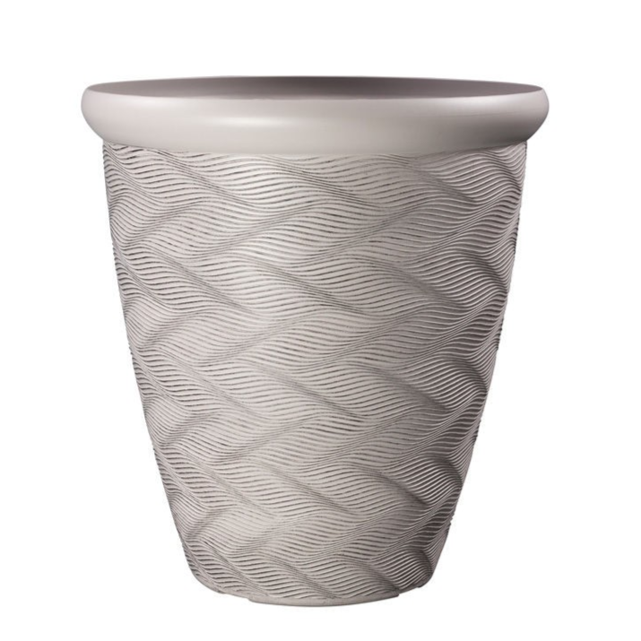 Round Grey Plant Pot Patterned Rim 33cm Outdoor 14.5L Tall Gloss Woven Planter
