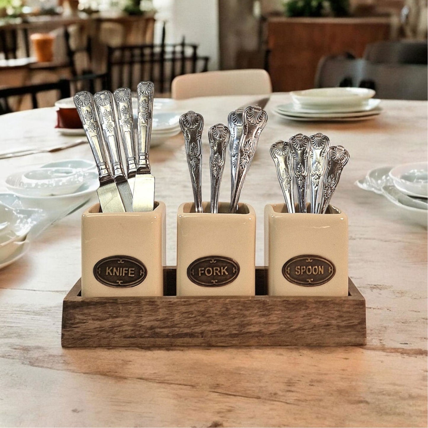Knife, Fork & Spoon Ceramic Holder Storage Set with Mango Wooden Tray Organizer