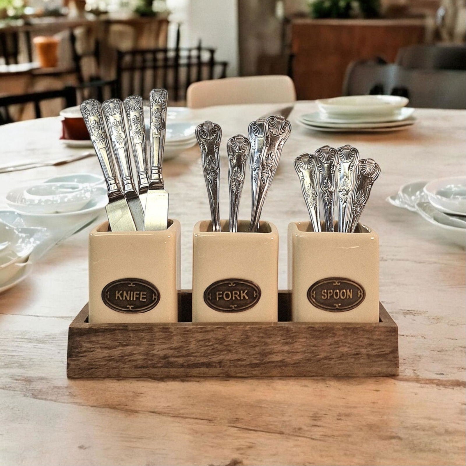 Knife, Fork & Spoon Ceramic Holder Storage Set with Mango Wooden Tray Organizer
