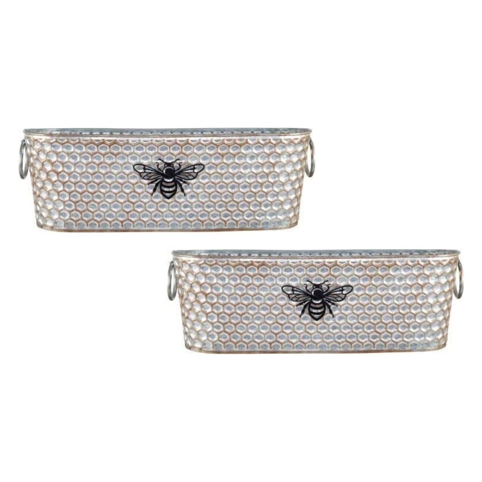 2Pc Metal Trough 40cm Honey Comb Bumble Bee Plant Pot Window Box Planter Gold