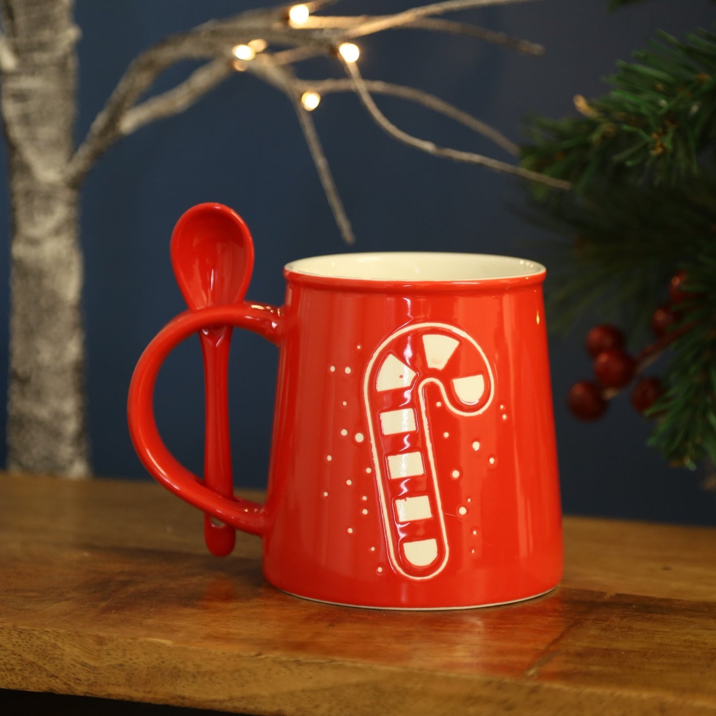 Christmas Embossed Stoneware Mug with Spoon Tea Coffee Cup Festive Xmas Home