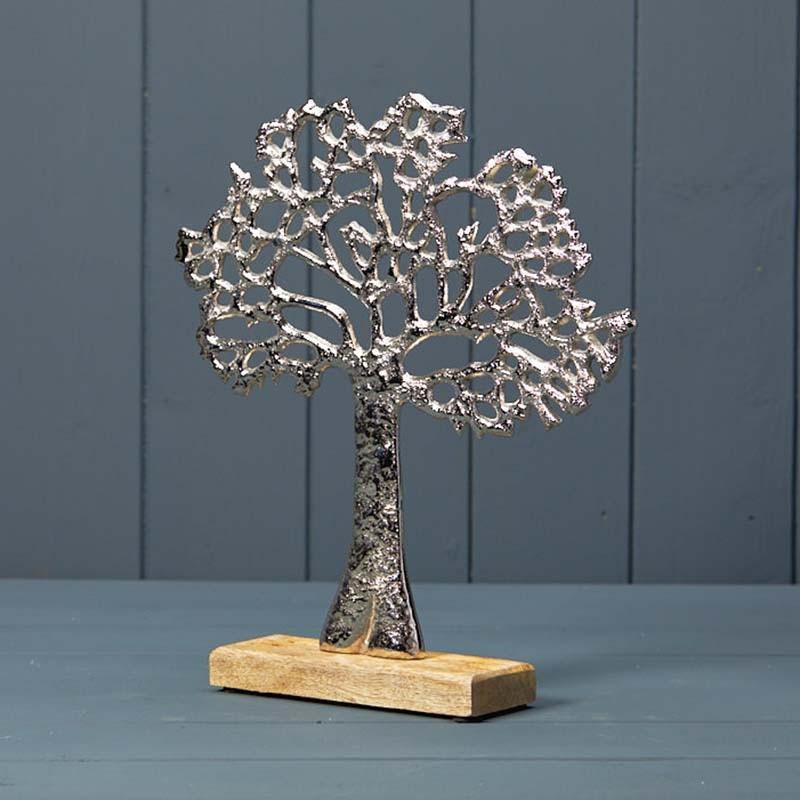 Aluminum Silver Tone Tree of Life Sculpture on Mango Wooden Base 27cm Home Decor
