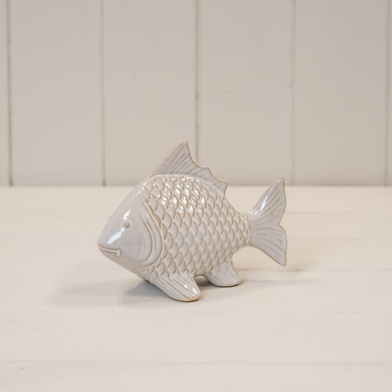 White Ceramic Fish Ornament Glazed Textured Beach Bathroom Nautical Xmas Figure