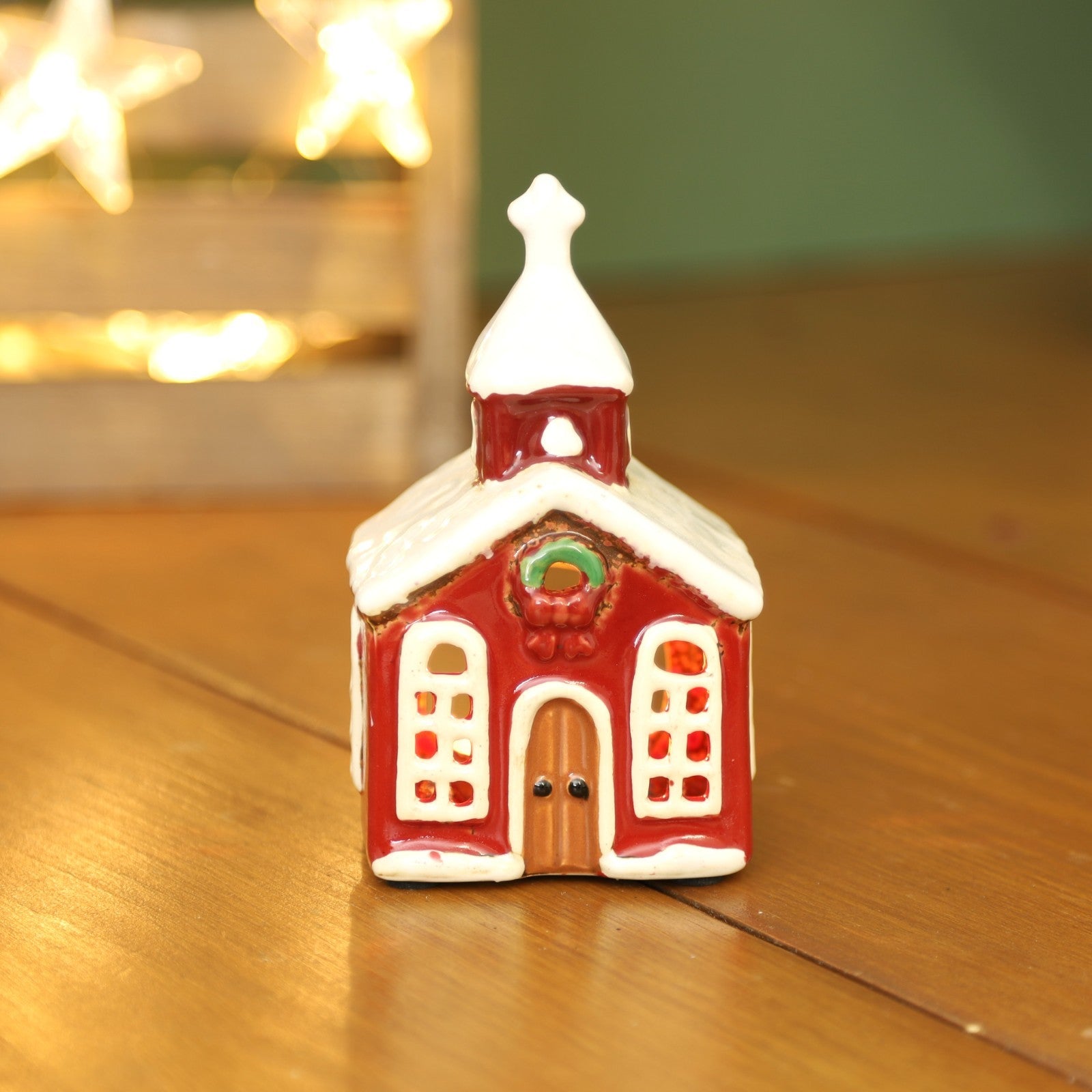 Ceramic Christmas Church Tealight Holder Cottage Village Scene Ornament Xmas