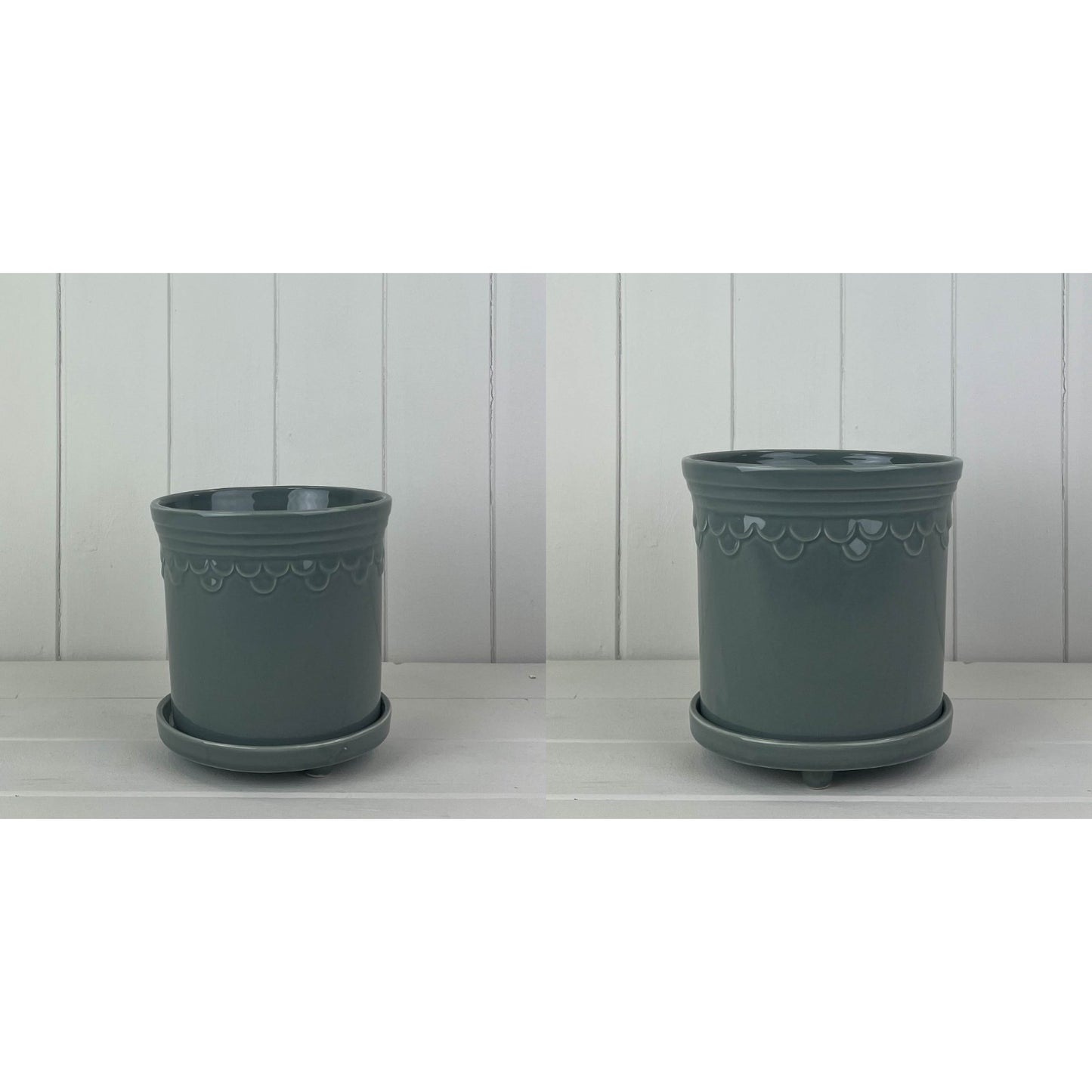 Ceramic Grey Plant Pot with Saucer Scalloped Edge Embossed Glazed Planter Indoor