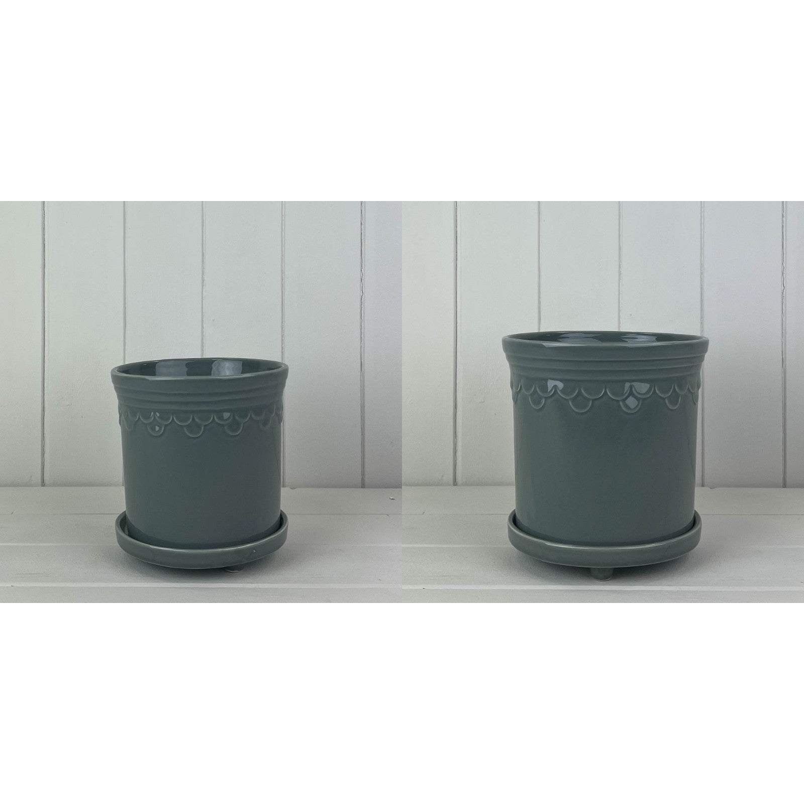 Ceramic Grey Plant Pot with Saucer Scalloped Edge Embossed Glazed Planter Indoor