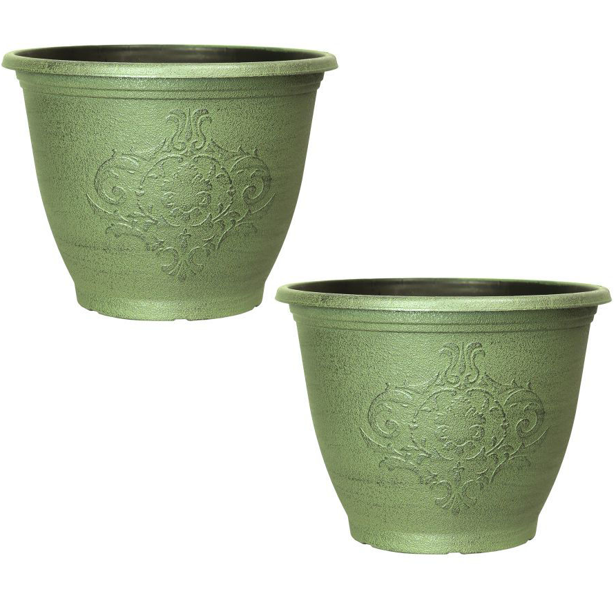 Set of 2 Green Plastic Garden Plant Pot 22cm Metallic 6L Round Planter Cover