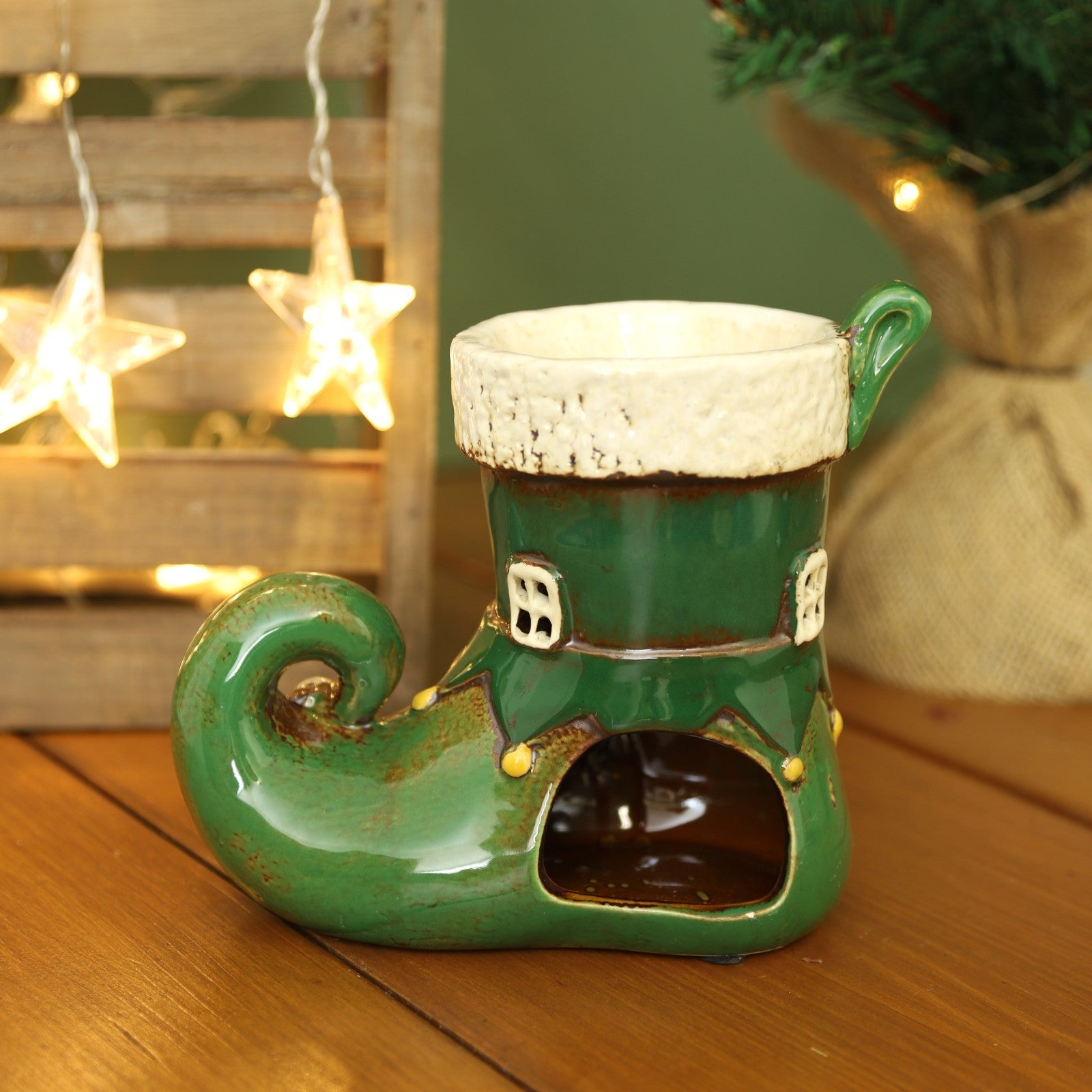 Ceramic Green Elf's Boot Wax Melt Burner Christmas Wax Warmer Xmas Ornament Gift