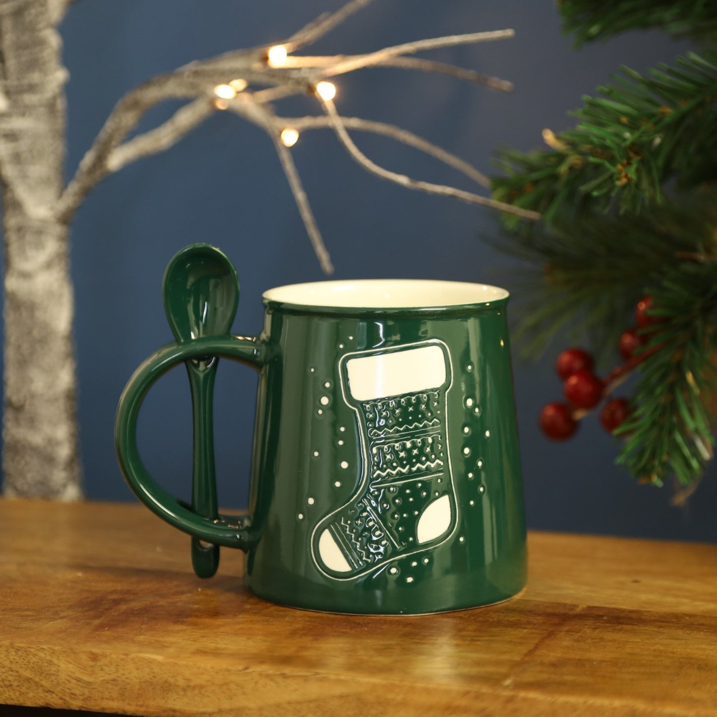 Christmas Embossed Stoneware Mug with Spoon Tea Coffee Cup Festive Xmas Home