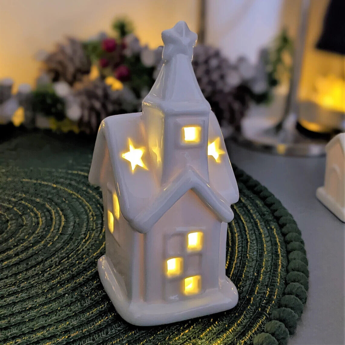 White Ceramic LED Small House Church Light Up Hut Xmas Christmas Decor Ornament
