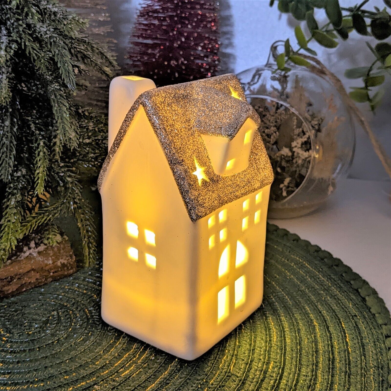 Cream Ceramic Warm LED Light Up Houses Huts Village Scene Christmas Ornaments