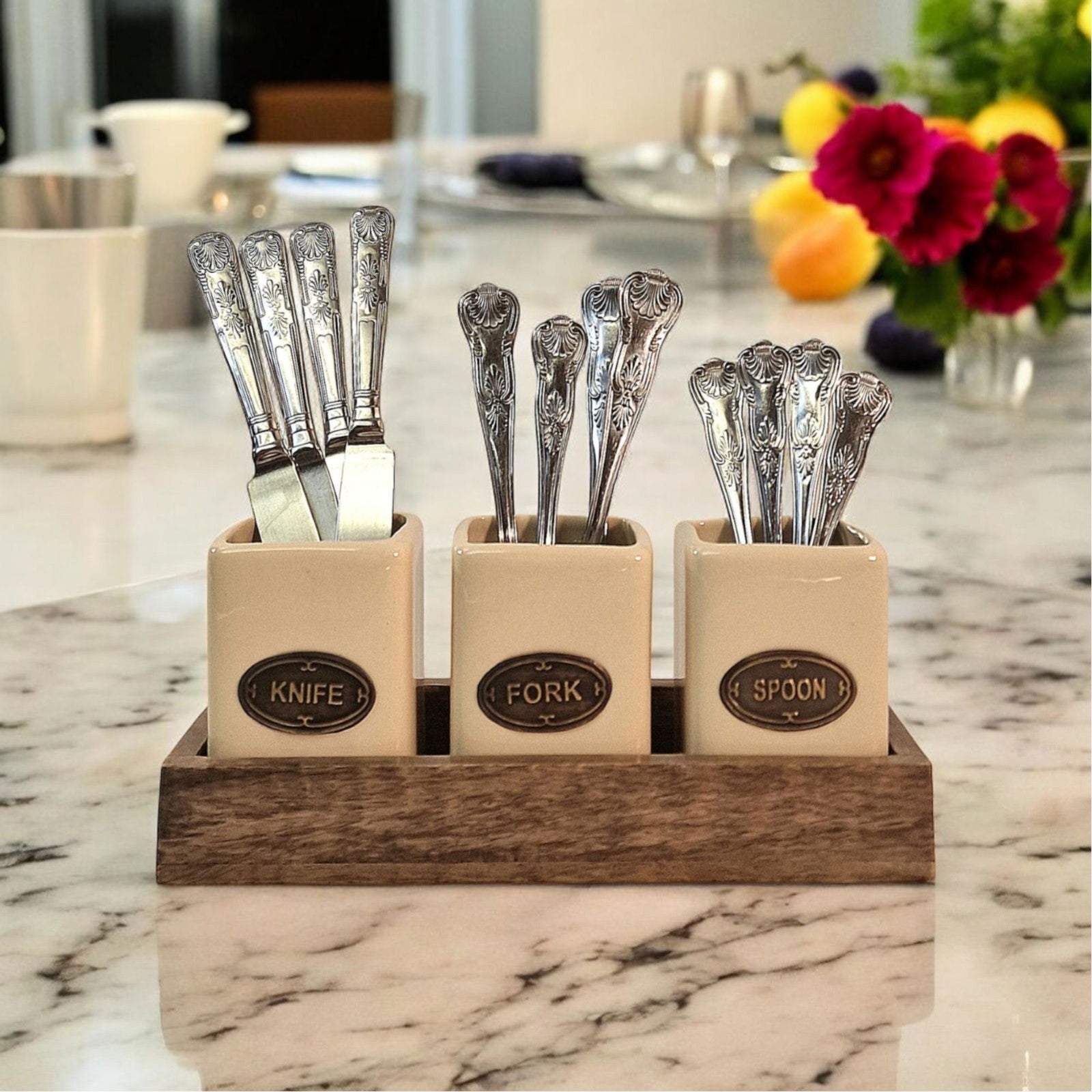 Knife, Fork & Spoon Ceramic Holder Storage Set with Mango Wooden Tray Organizer