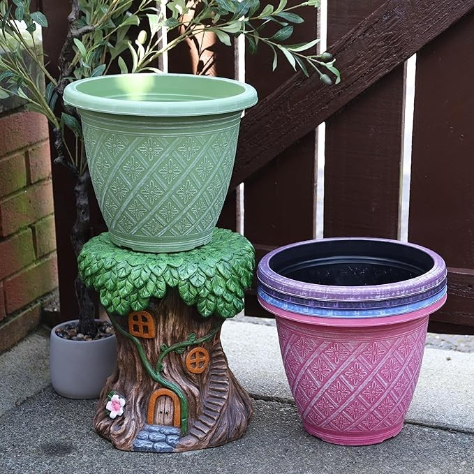 2Pc Round Plastic Plant Pot 40cm Moss Green 23L Woven Flower Garden Planter