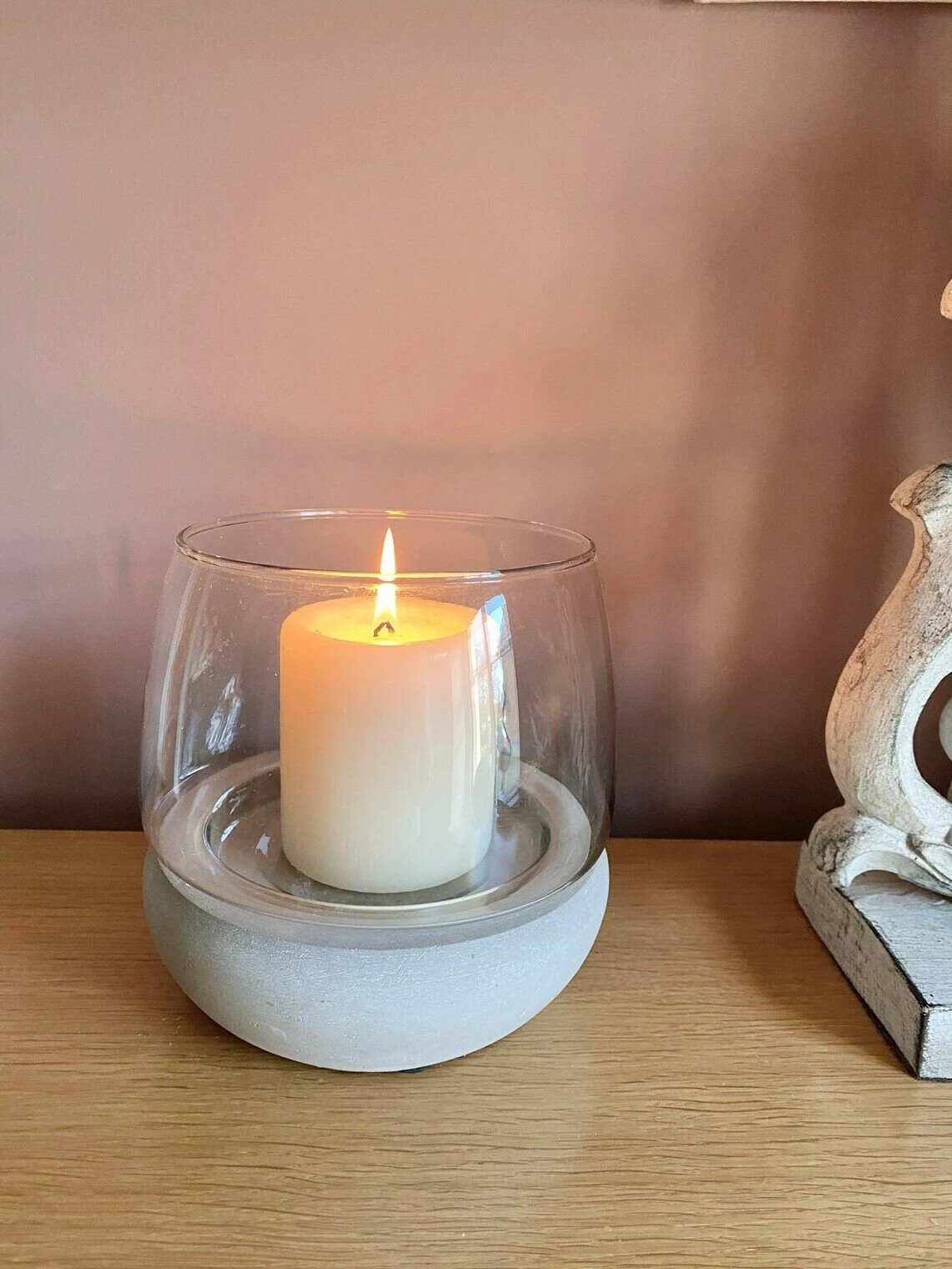 Hurricane Scandi Cement Base Glass Concrete 15cm Candle Tealight Holder