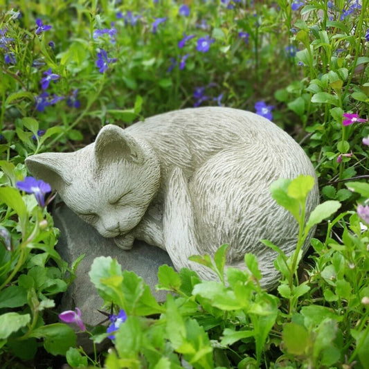 Heavy Stone Sleeping Cat Garden Lawn 21cm Ornament Concrete Statue Figure