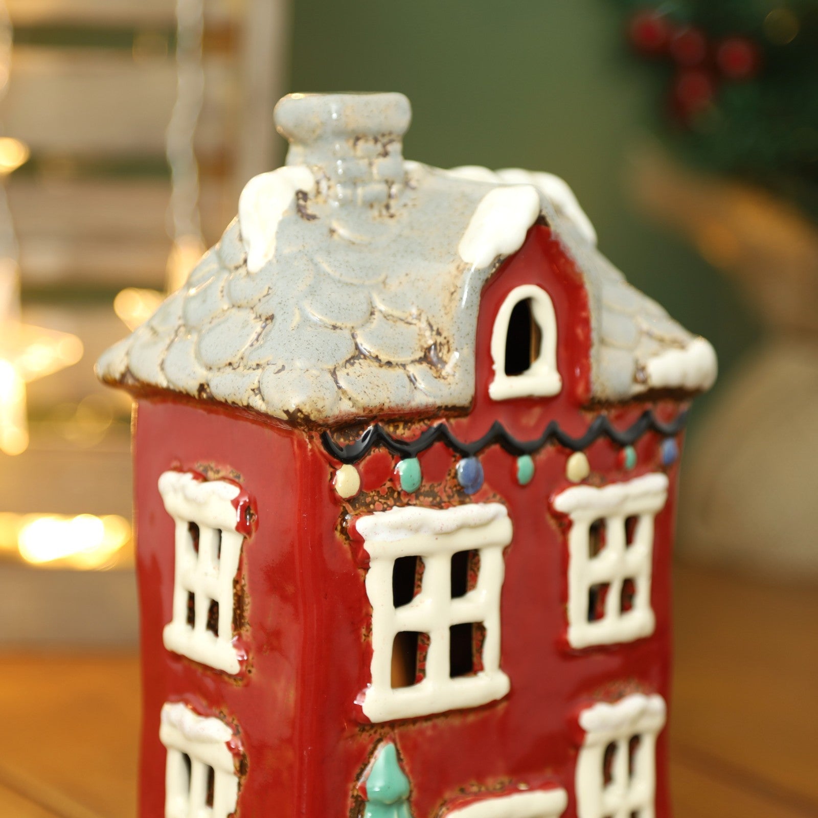 Ceramic Christmas Tealight Holder Cottage Village Scene Townhouse Xmas Ornament