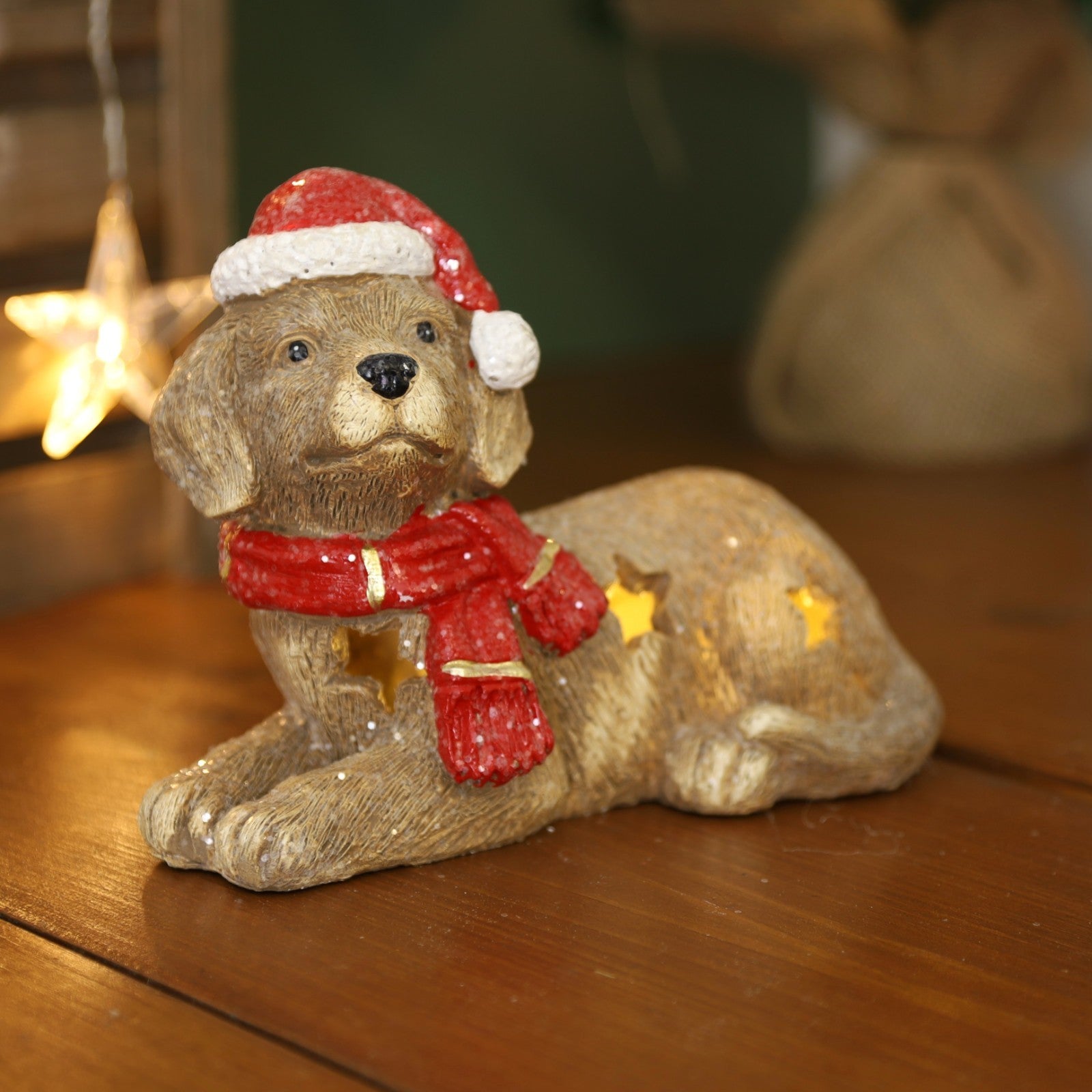 Christmas Cement Sitting Dog With Led Ornament Scarf Cap Stars Cutout Home Gift