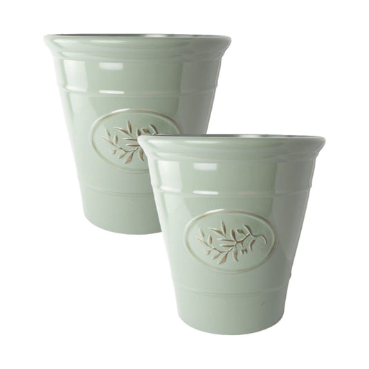 2Pc Olive Green Plastic Plant Pot 17cm Gloss Tall 2.4L Round Garden Planter