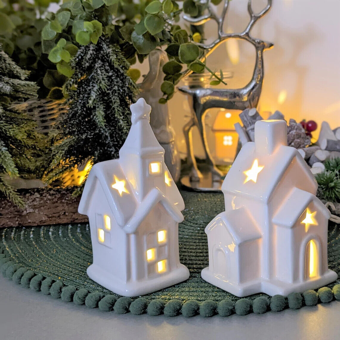 White Ceramic LED Small House Church Light Up Hut Xmas Christmas Decor Ornament