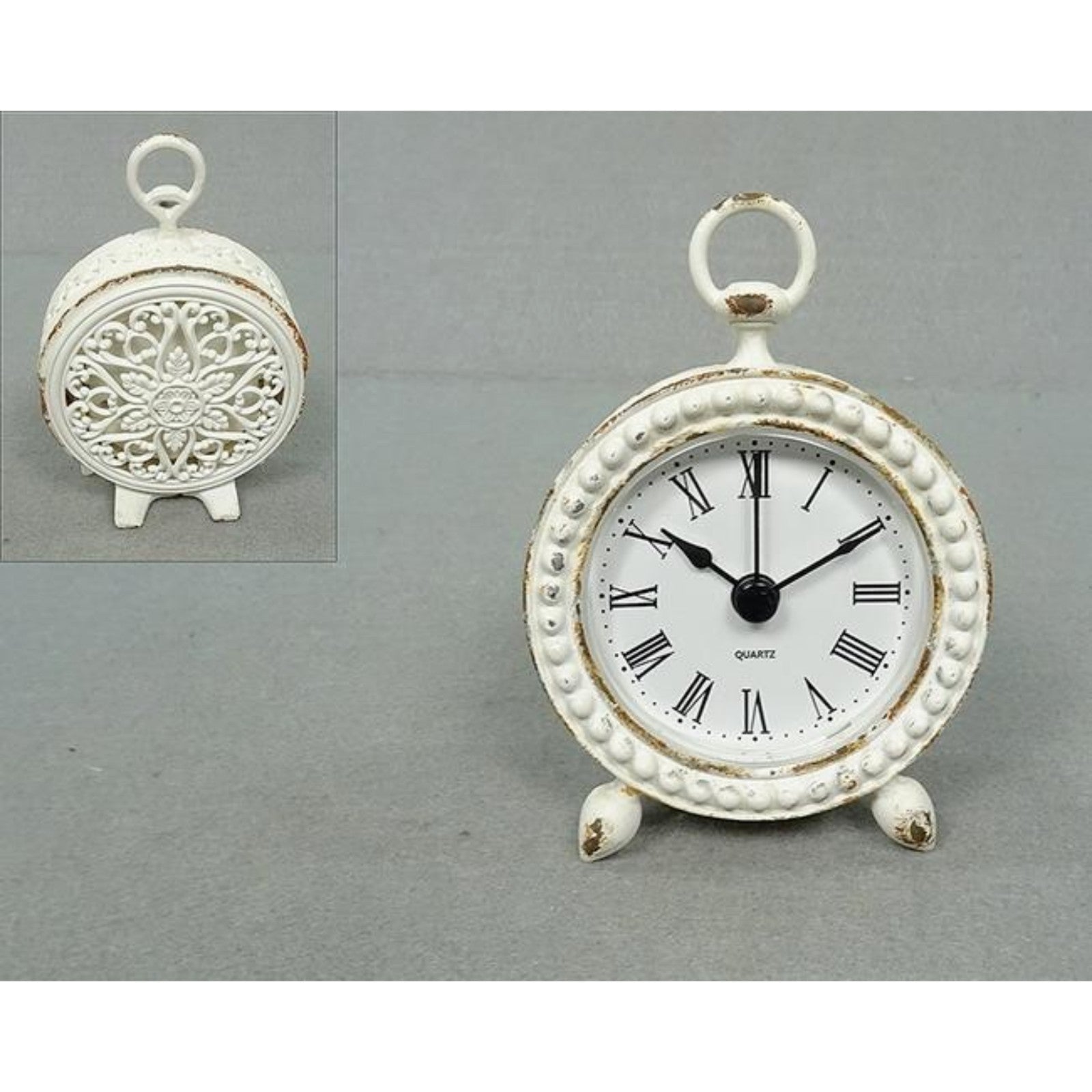 Grey Metal Mantel Clock Numeral Rustic Shabby Chic Ring Handle Table Time Piece