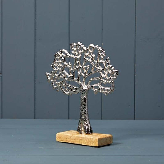 Aluminum Silver Tone Tree of Life Sculpture on Mango Wooden Base 22cm Home Decor
