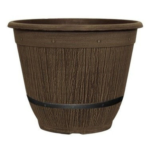 Round Brown Plastic Cask Planter Bell with Band 35cm Garden 17L Plant Pot Cover