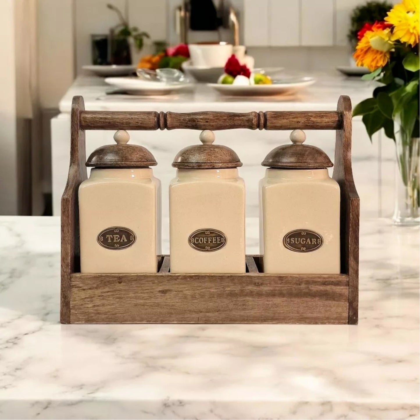 Cream Ceramic Coffee Tea Sugar Jars Air Tight Lids Brown Wooden Rack Kitchen