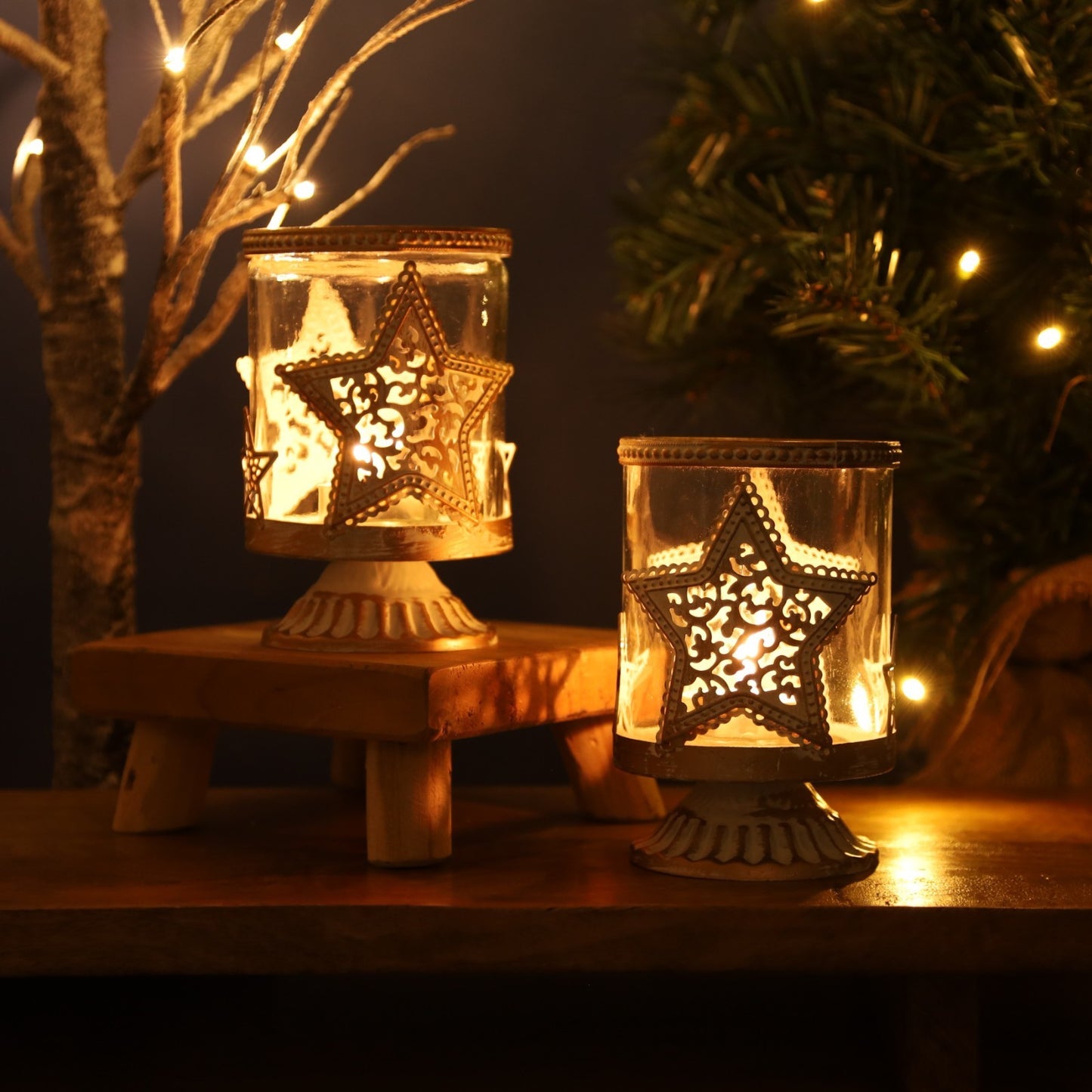 2Pc Rose Gold Glass Star Candle Holders Metal Stars Festive Whitewashed Xmas