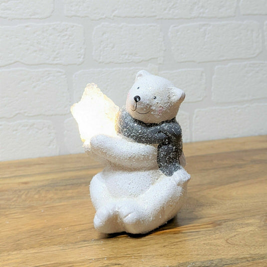 Christmas LED Polar Bear Light-Up Warm White Table Ornament Star On Left 18cm