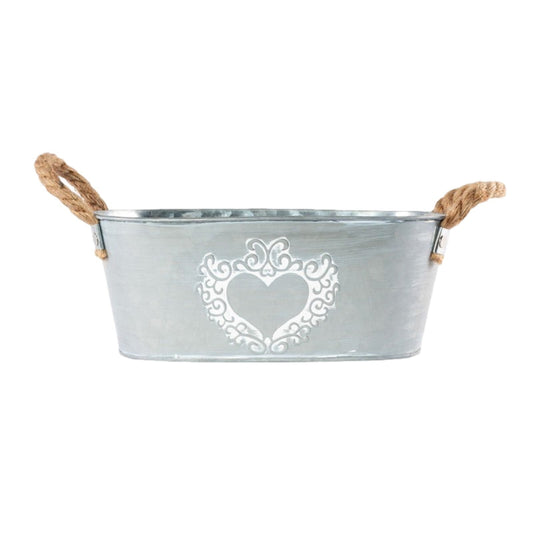 Zinc Tin Pail Silver Trough Oval Plant Pot 30cm Heart Print Planter Rope Handles