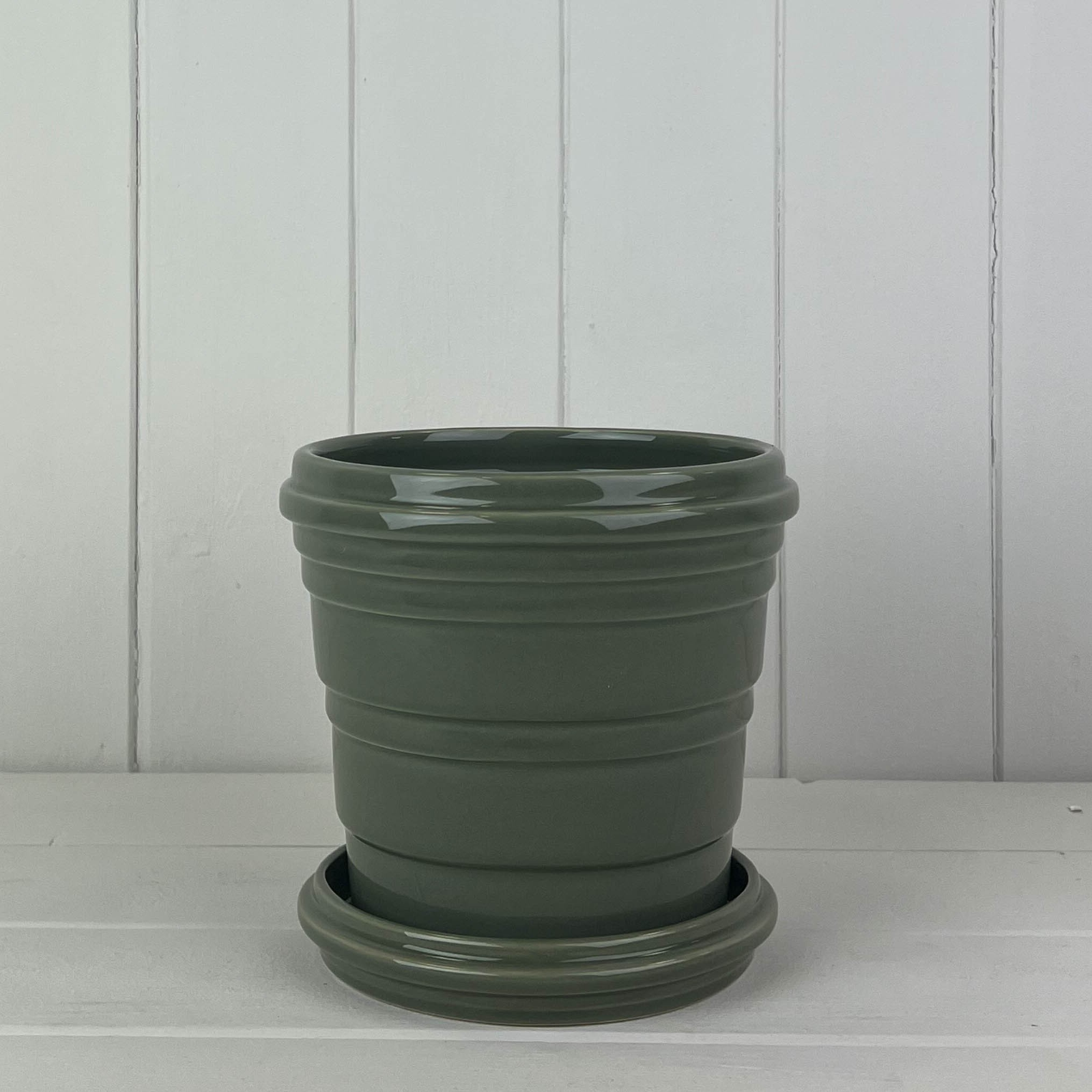 Green Ceramic Plant Pot & Saucer 16cm Sage Pot Ribbed Indoor Glazed Planter