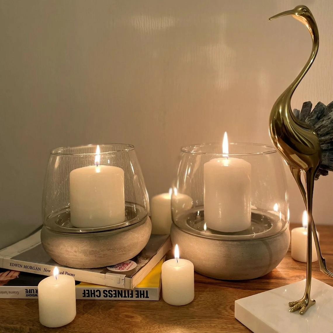 Hurricane Scandi Cement Base Glass Concrete 15cm Candle Tealight Holder