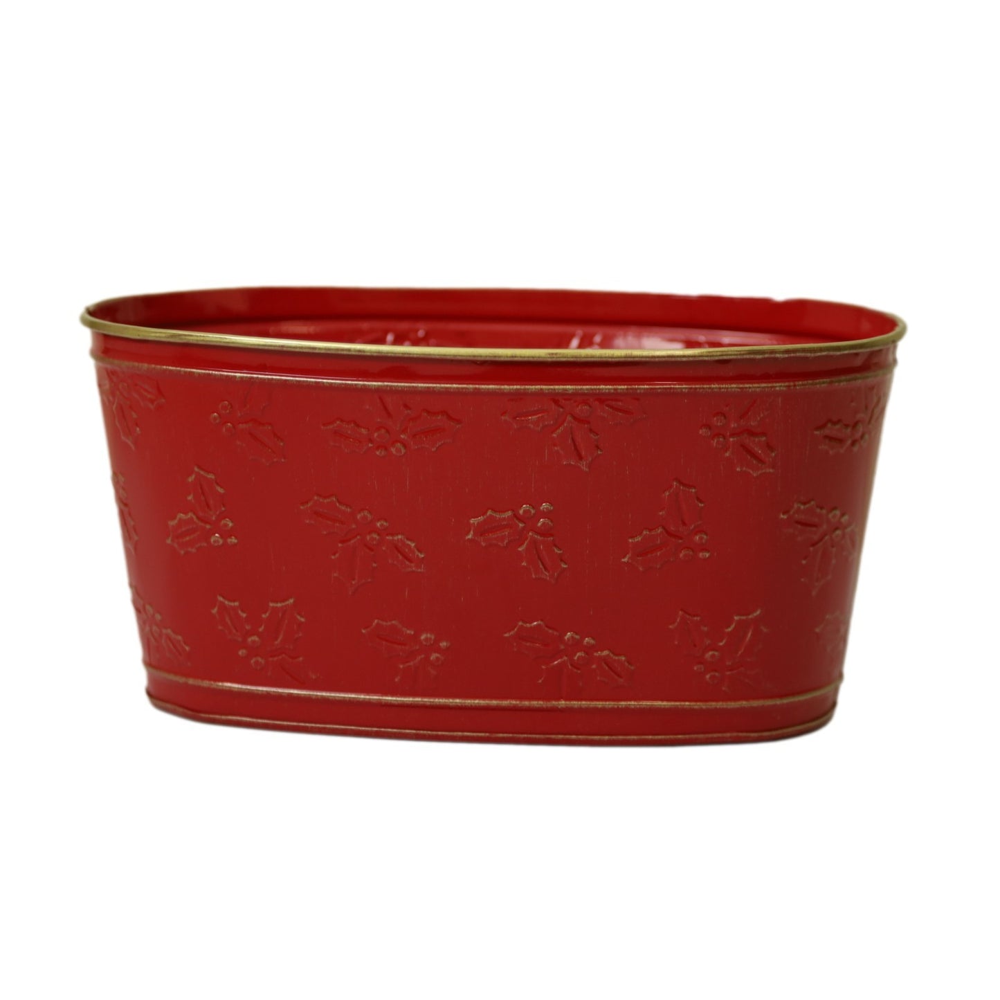 Red Metal Trough Holly Embossed Planter 23cm Gold Rim Christmas Festive Xmas Pot