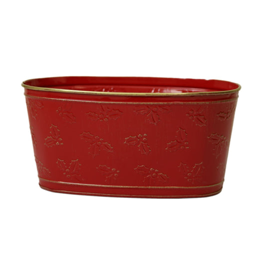 Red Metal Trough Holly Embossed Planter 23cm Gold Rim Christmas Festive Xmas Pot