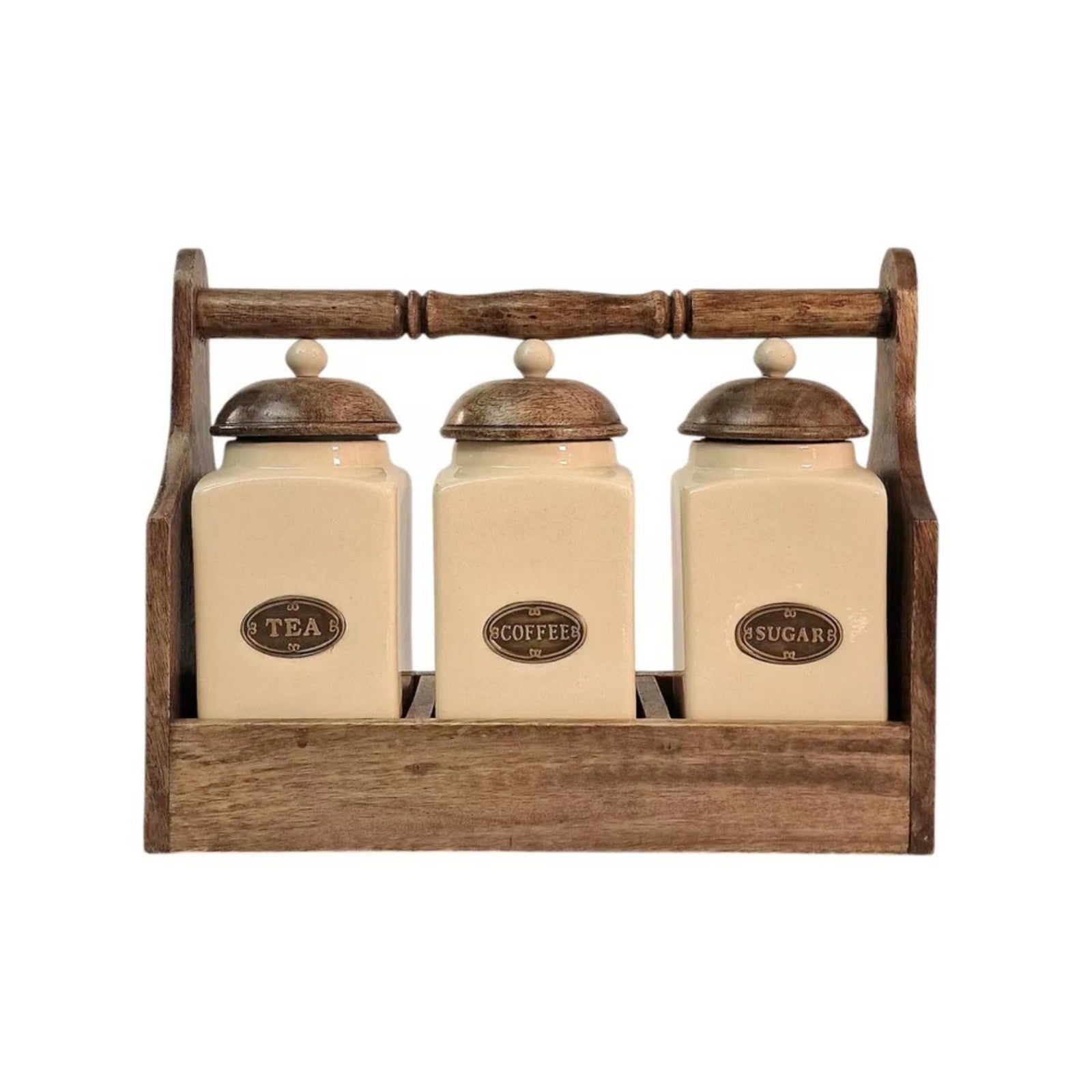 Cream Ceramic Coffee Tea Sugar Jars Air Tight Lids Brown Wooden Rack Kitchen