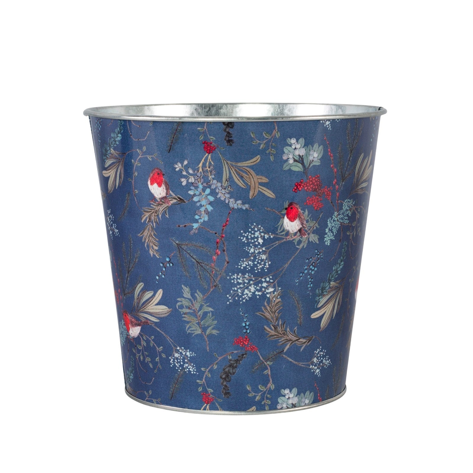 Tin Pail Robin Floral Plant Pot 14cm Christmas Metal Planter Xmas Bucket Home